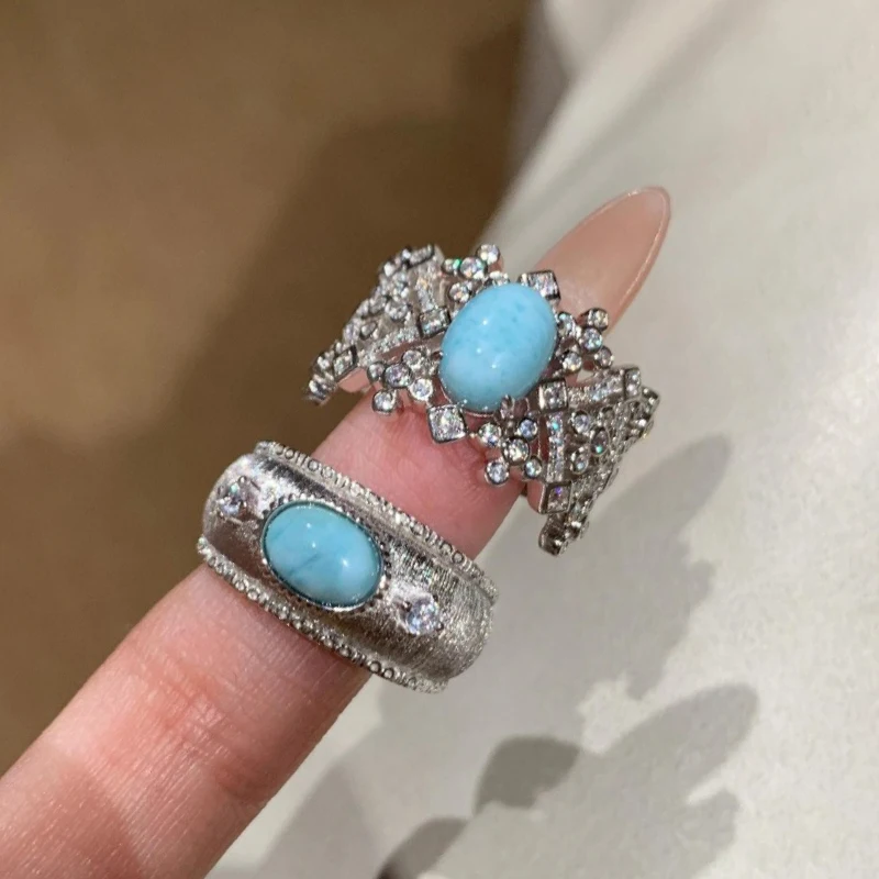 High quality Brushed Turquoise rings for women Original Vintage inlay Diamond Ring Couple Light Luxury Charms Jewelry Gift