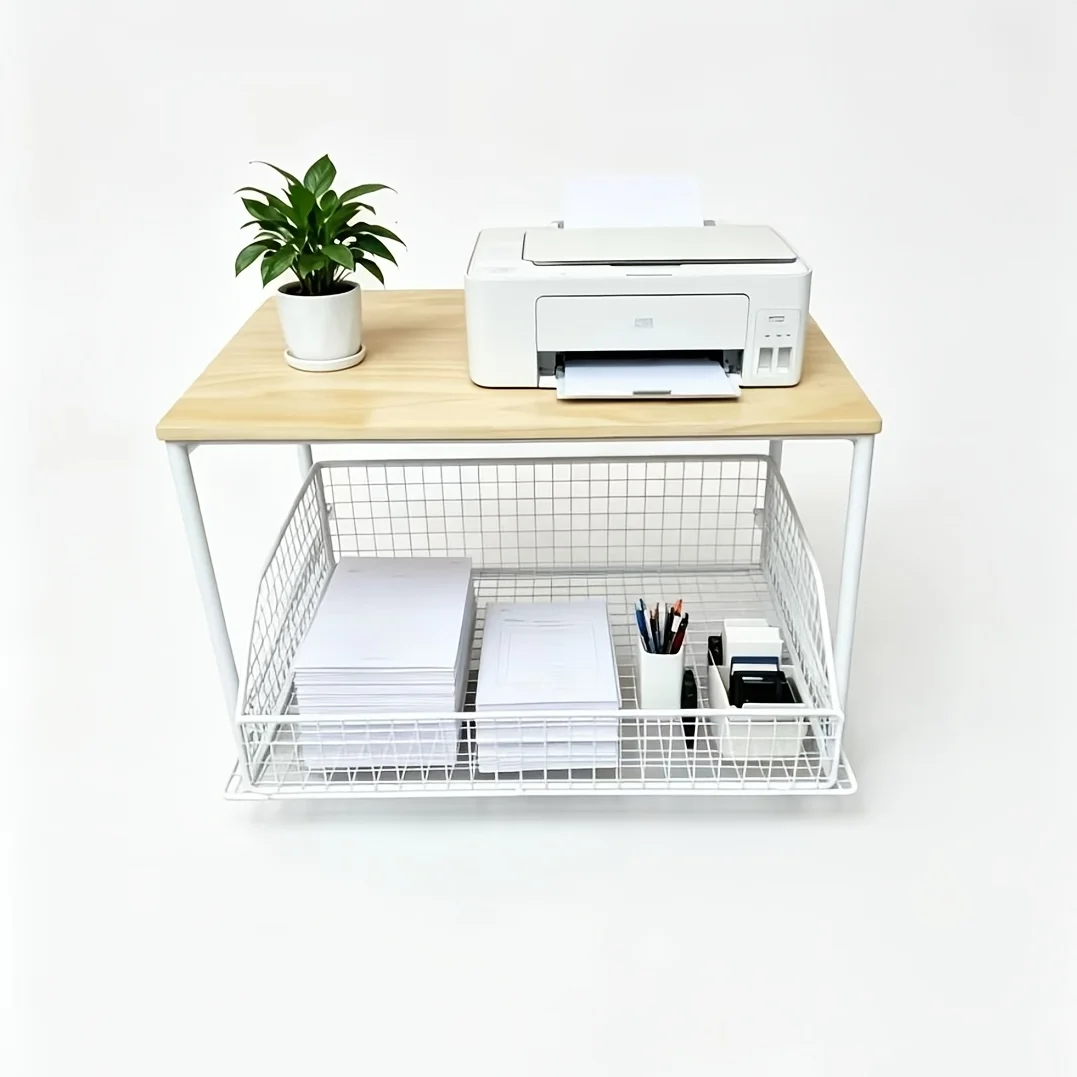 Kitchen Counter Storage Rack with Metal Drawer, Solid Wood & Metal Pull-Out Organizer for Coffee Maker, Microwave And Tableware