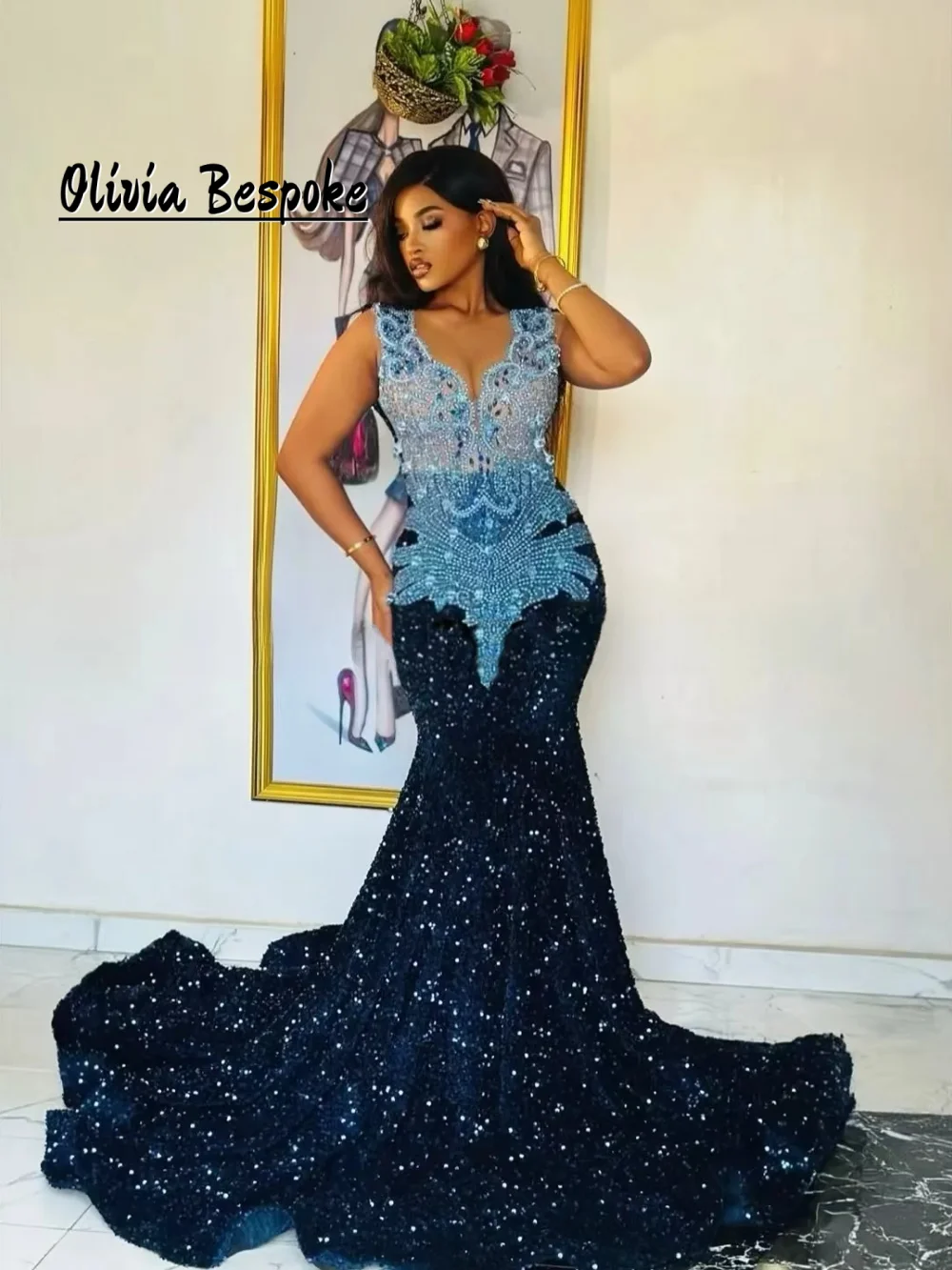 

Blue Sequin Mermaid Bride Dresses For Black Girls Crystal Graduation Party Sleeveless Prom Dress Formal Robe de Customized