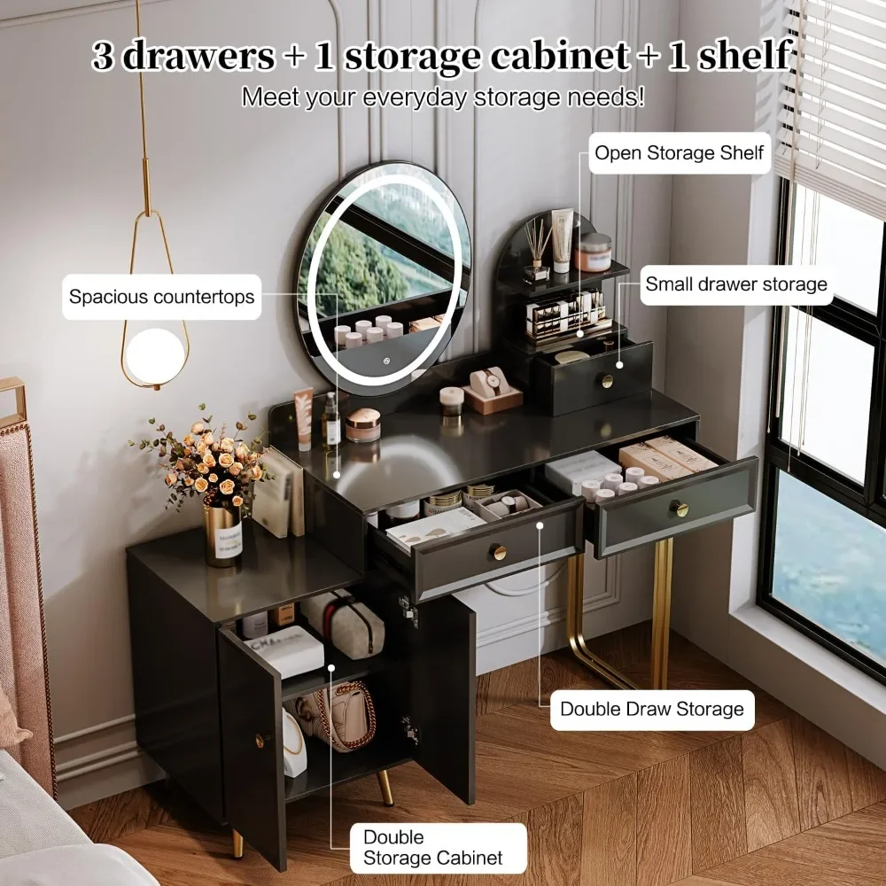 Vanity Desk with Mirror and Lights,Small Makeup Vanity with 2 Spacious Drawers,Modern Makeup Table with Adjustable Cabinet