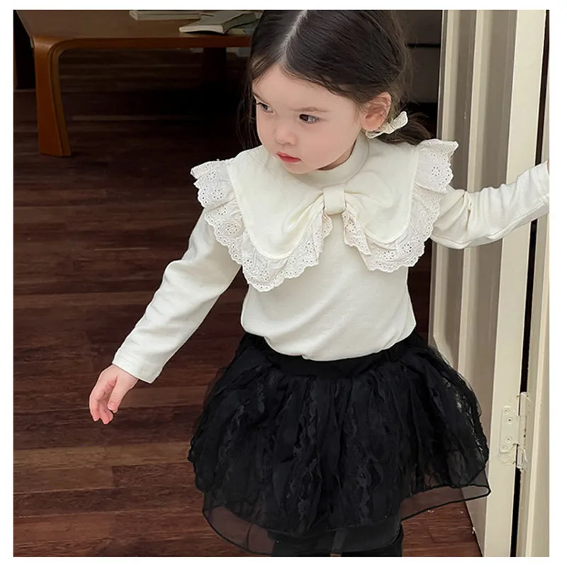 

2025 Spring New Baby Girls Long Sleeve T Shirts Cute Solid Lace Bow Collar Princess Tops Infant Girl's Cotton Bottoming Shirt