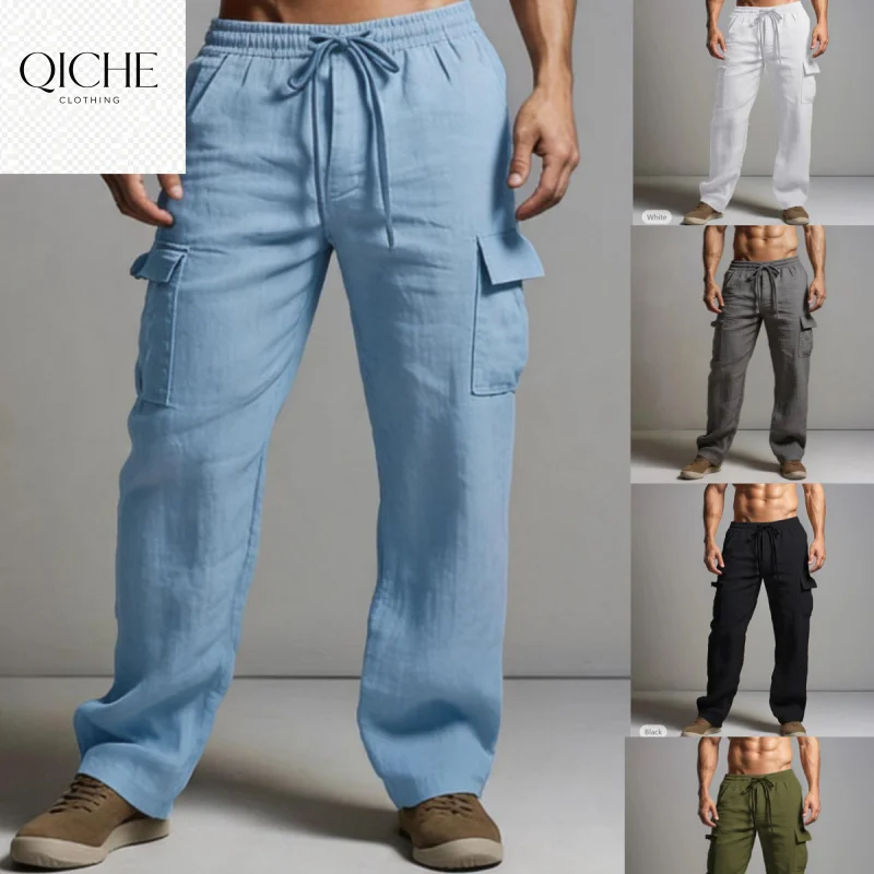QICHE Men Solid Cotton Linen Pants Drawstring Elastic Waist Straight Leg Breathable Daily Casual Long Trousers New
