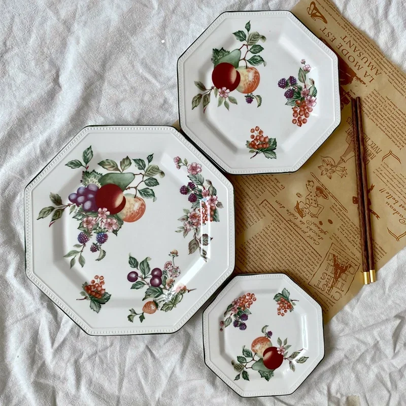 Underglaze Hand-Painted Green  Octagonal Plate Country Fruit Peach Berry Western Dinner Plate Soup Plate Vegetable Salad ...