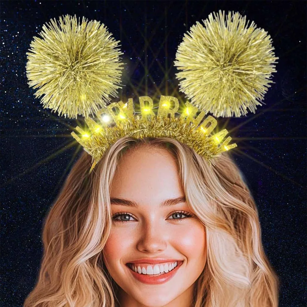 

Light Up Pink Headbands LED Happy Birthday Crown Hairbands Glowing Pom Pom Hair Accessories for Women (Gold, One Size)