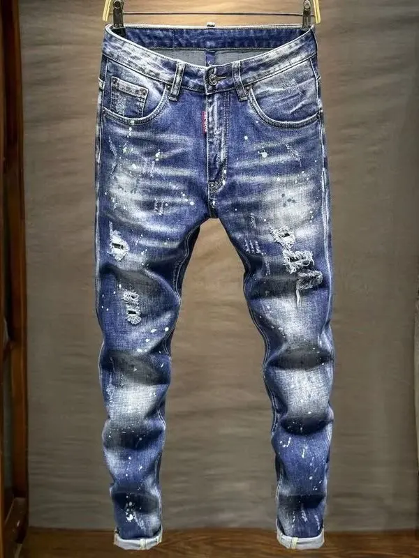 

Мужские джинсовые джинсы, облегающие джинсы с заплатками краски, длинные брюки с эластичными манжетами, уличные брюки из высокоэластичной смеси хлопка