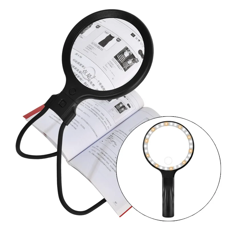 

5X 10X Handheld Neck Mounted 2-in-1 Magnifier 138mm Large Lens with 30pcs LED Rechargeable for Reading Book Repair