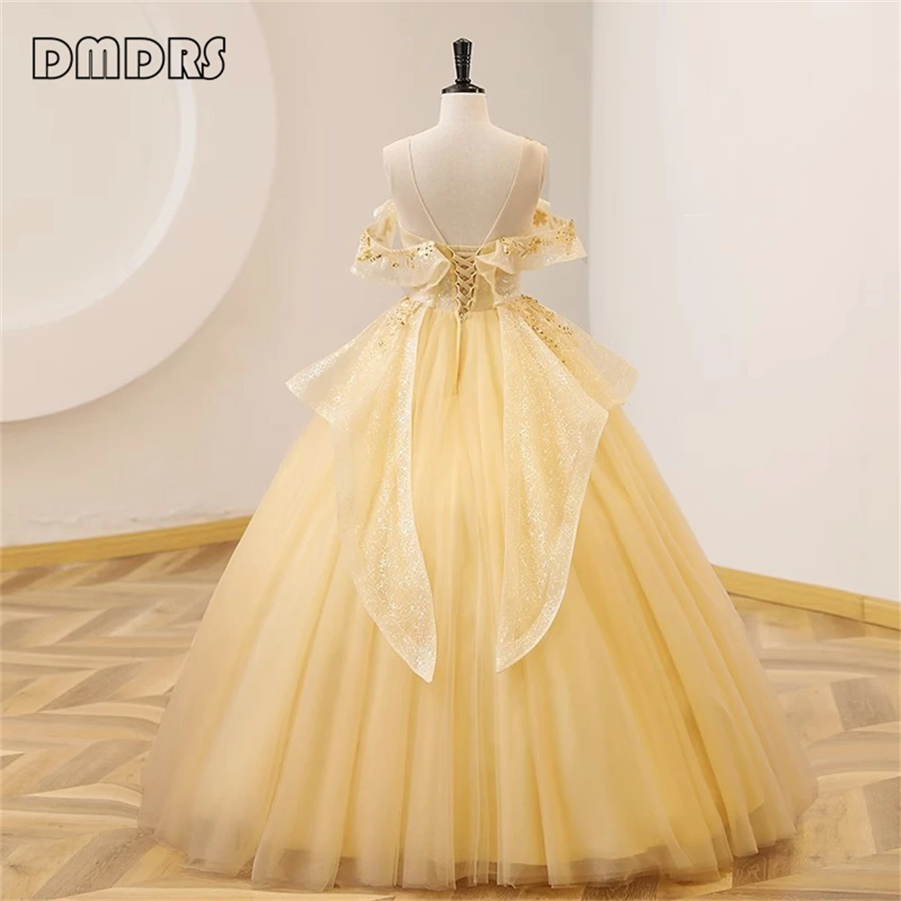 Sukienka z przezroczystym dekoltem Sweet 15. dla kobiet. Żółta tiulowa suknia balowa Prom Formal Dresses Off Shoulder Lace Appliques Party Gown