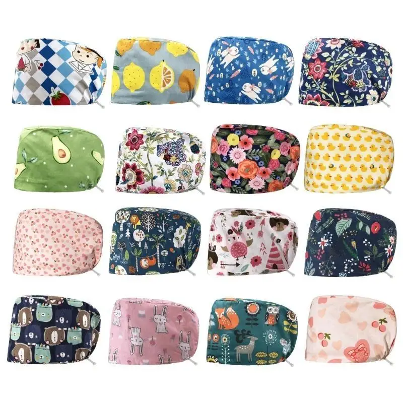 A52E 우아한 프린트 모자 닥터 모자 코튼 스웨트밴드 모자 유니섹스 스크럽 병원 모자