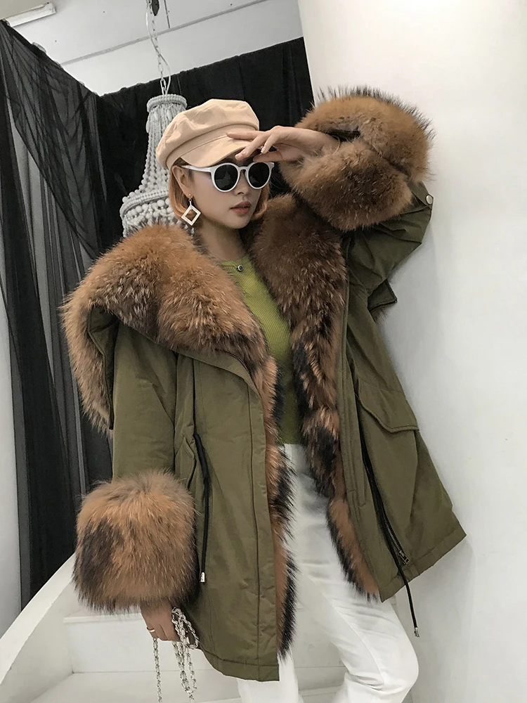 płaszcz z prawdziwego futra 2024 nowy WYSOKIEJ JAKOŚCI Prawdziwe futro szopa Płaszcz damski Fur Parka Army Green Full Pelt Raccoon Fox Fur Coats 6Xl 7Xl