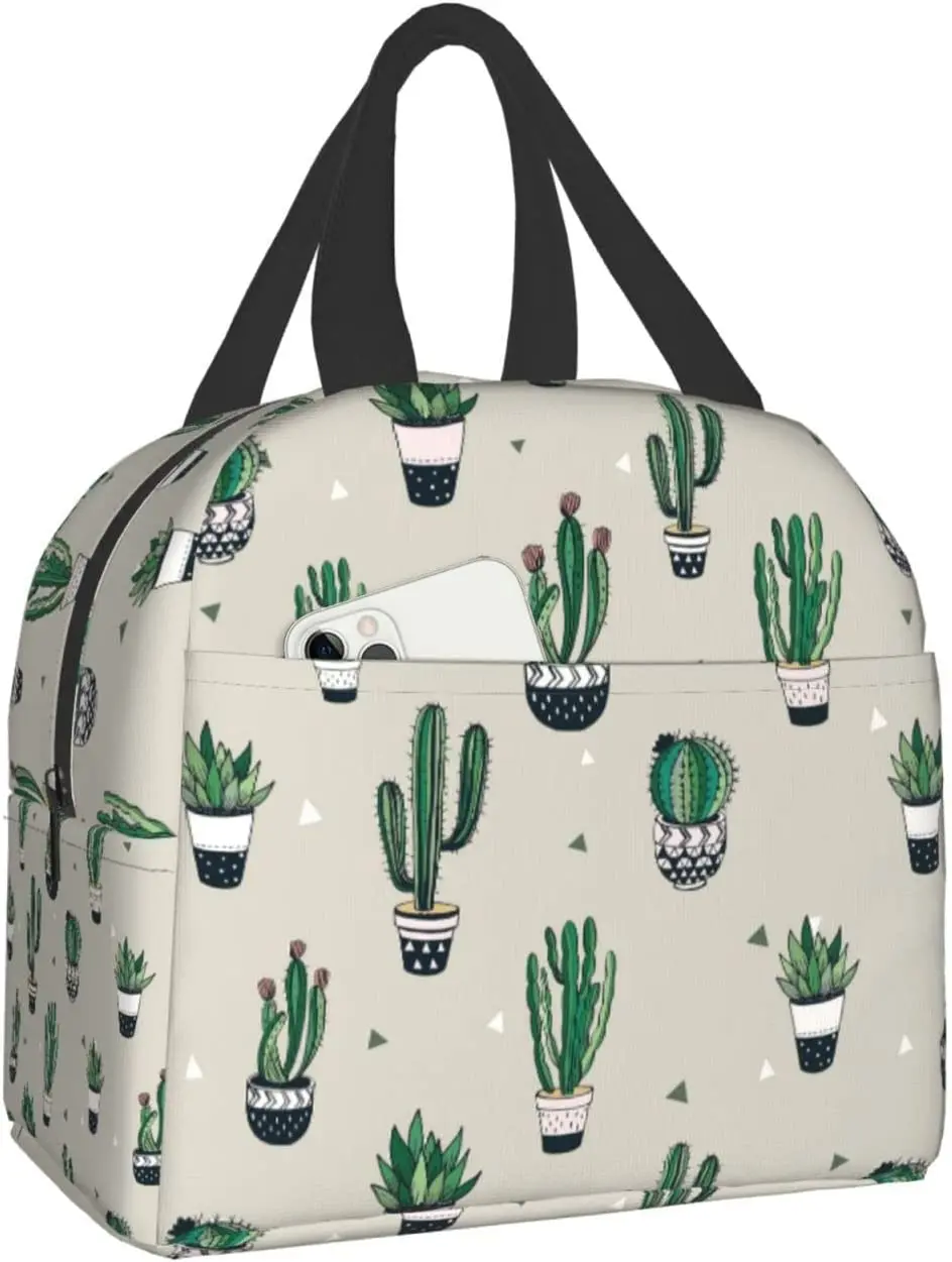 Lunch Bag Green Cute Cactus Reusable Water-Resistant Cooler Lunch Tote Box, Boys Girls Cute Container Lunch Bag School Office