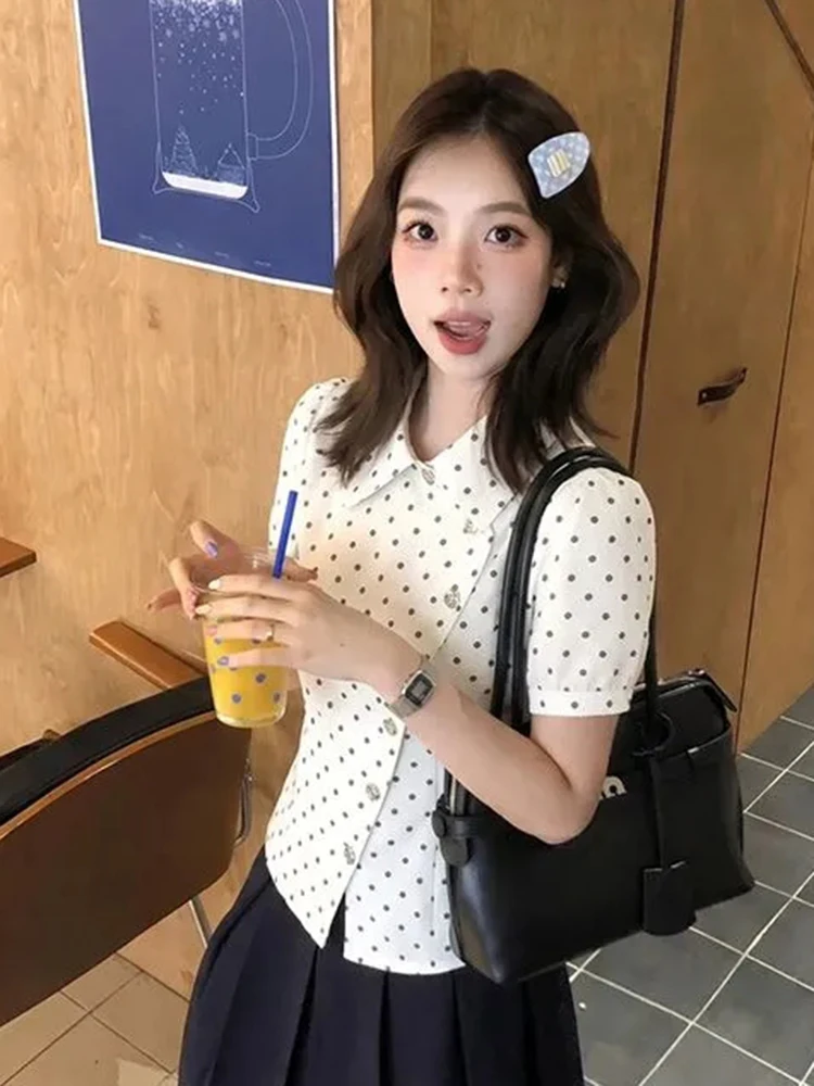 Sweet Dot Cute Shirt Women Summer Preppy Style Kawaii Slim Blouse Fashion Short Sleeve Female Elegant Pearls Buttons Chic Tops