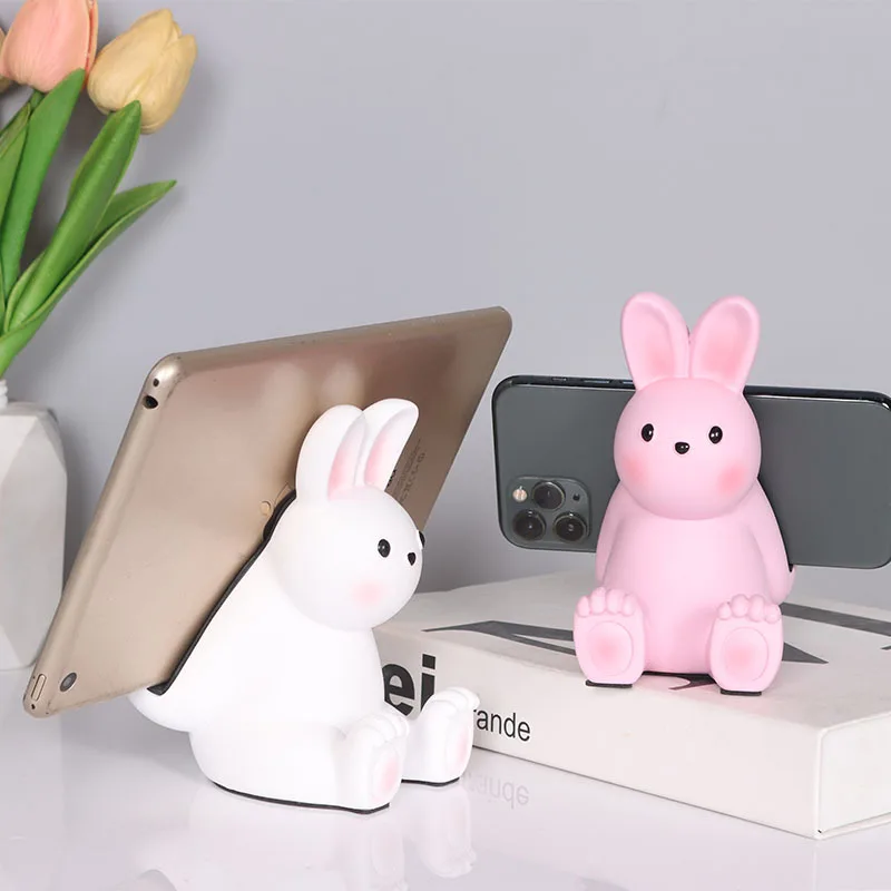 Kawaii Cartoon Rabbit Resin Phone Tablet Stand, Cute Animal Desktop Holder, Aesthetic Desk Ornament&Portable Lazy Bracket
