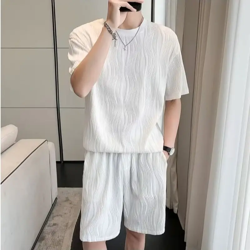 

Male T Shirt Short Sets White Plain Summer Clothes Outfits Cheap Casual 2025 Trend Quarter Sleeve Regular Fit Men's Shorts Set