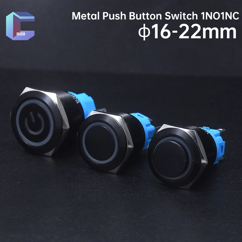 

16 19 22mm Metal Push Button Switch Black Shell Waterproof 3A Momentary Self-Lock Reset 1NO1NC With LED Blue Power Symbol