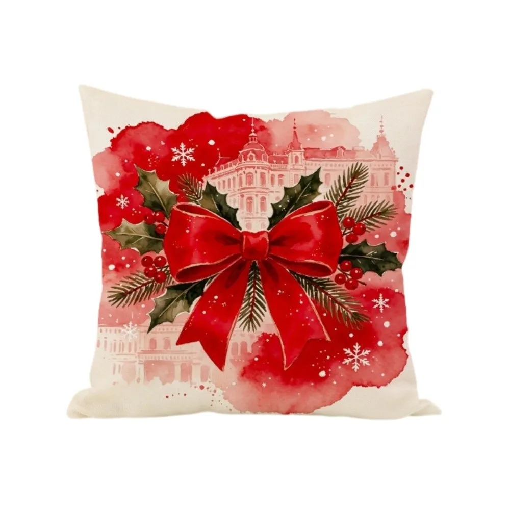 Soft Christmas Pillow Cover Watercolor Style Santa Claus Throw Cushion Case Bowknot Square Xmas Tree Pillowslip Living Room Sofa