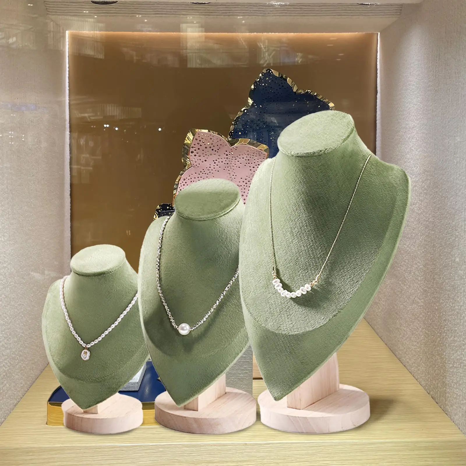 

Necklace Display Stand Showcase Velvet Jewelry Storage Rack Fashion Wooden Base Jewelry Display Bust Holder for Tabletop Dresser