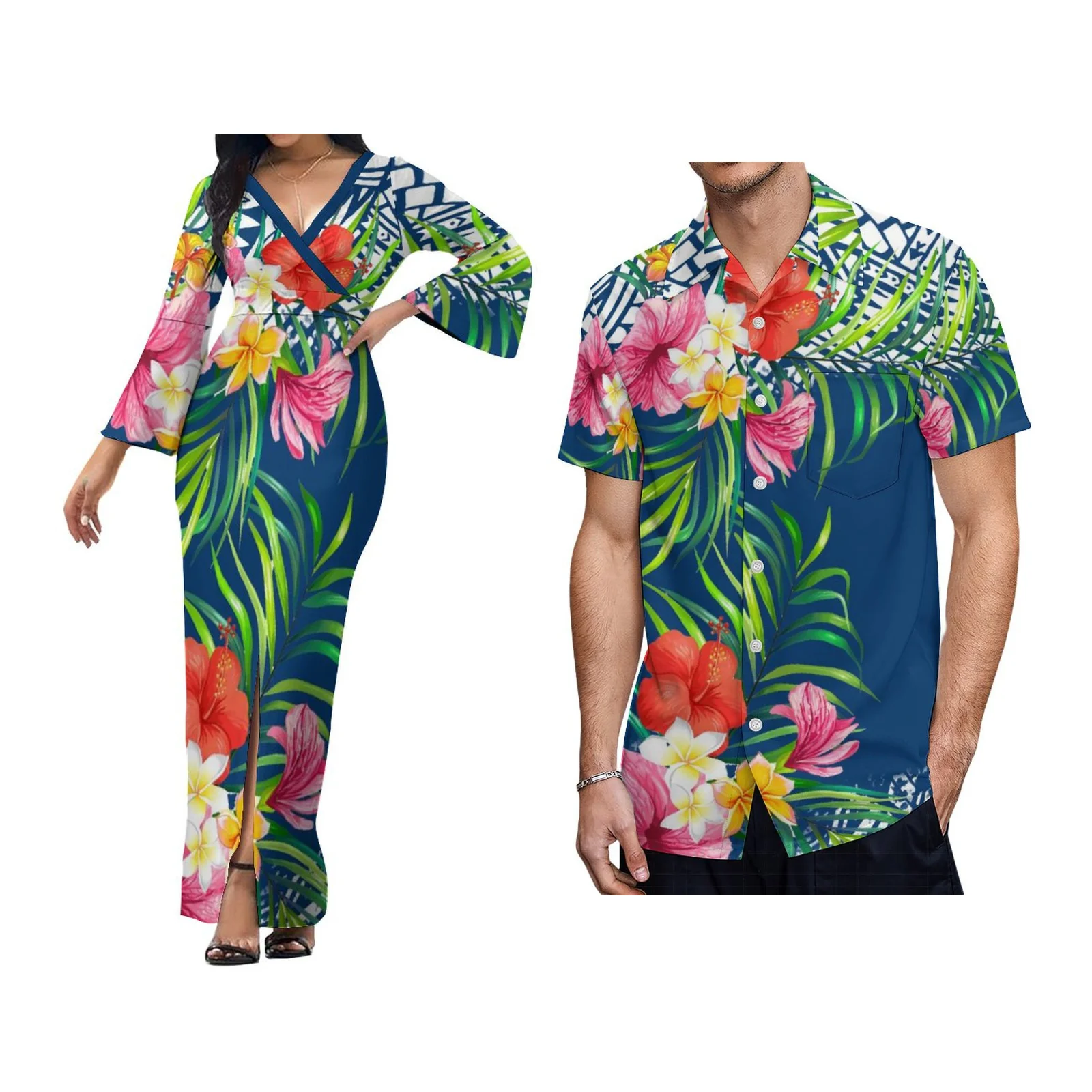 Dames V-Hals Wijd Uitlopende Mouw Slanke Jurk Polynesische Feestjurk Hawaii Heren Tops Shirt Eiland Coupleswear