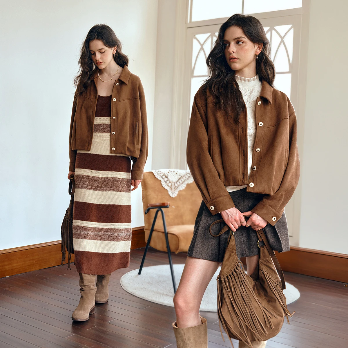 Kurtka damska OLrain, vintage, luźna, brązowa, zamszowa, krótka, wiosna 2026, codzienna, jednolita, z długim rękawem, odzież wierzchnia damska GO57QW000921