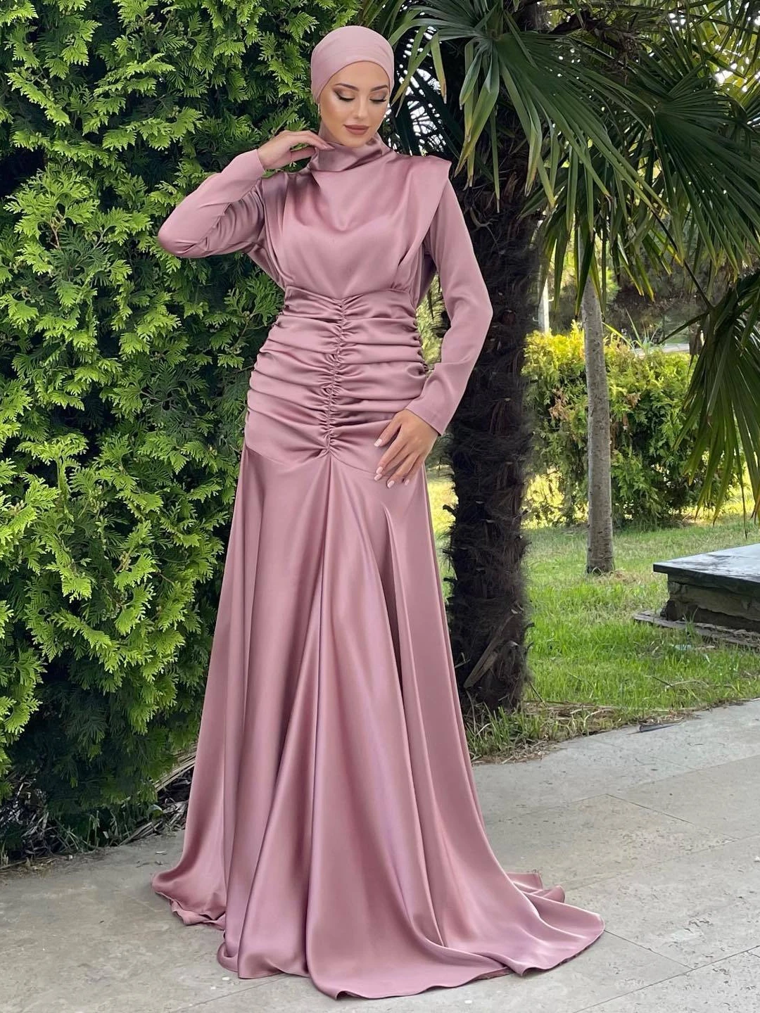 

Satin Muslim Morocco Party Dress Women Abaya Kaftan Robe Femme Vestidos Pleated Waist Longue Dubai African Turkey Long Dress