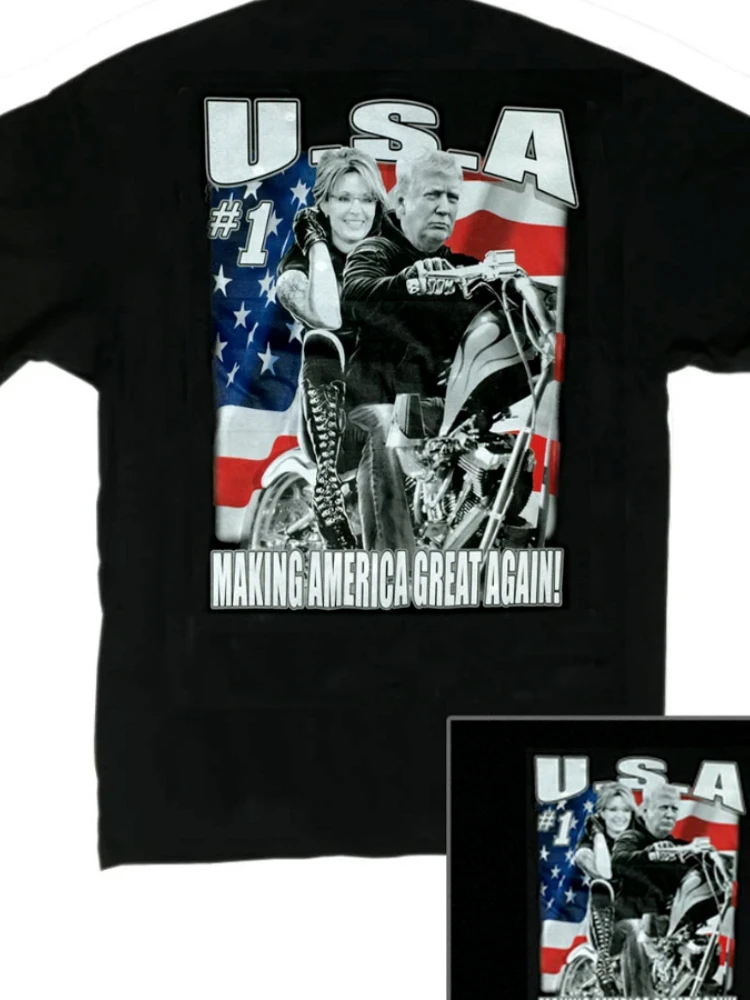 Biker Trump & Palin Black Men's T-Shirt Summer Short Sleeve Round Neck Cotton Shirt Sz S-XXXL