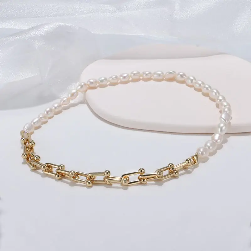 Brass With 18K Real Frewater Pearl Linked Necklaces Women Jewelry Punk Hiphop Designer Runway Simply Gown Boho Top Japan Korean