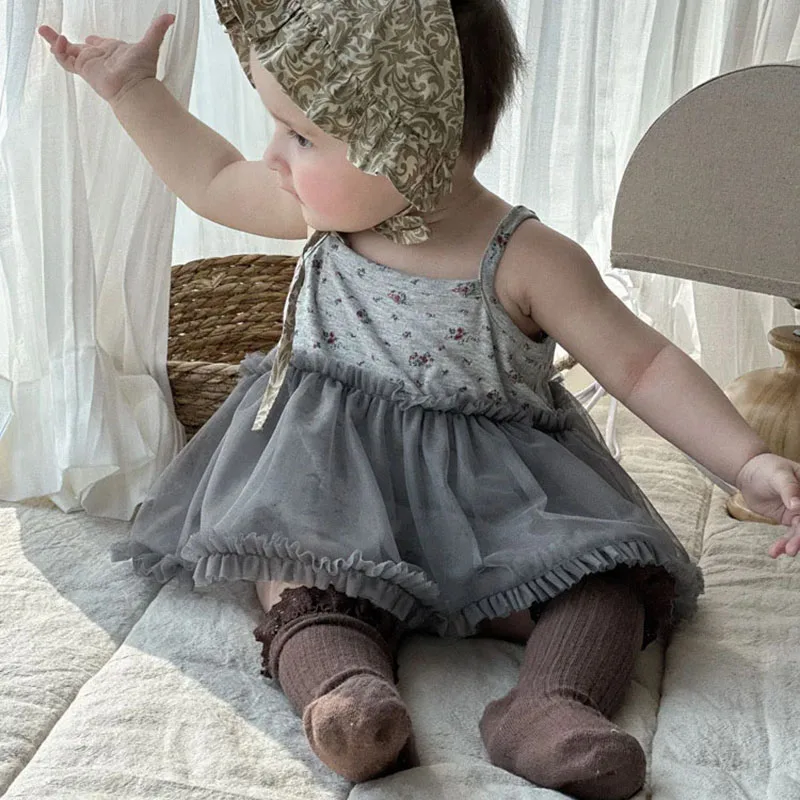 

2024 Summer Baby Bodysuits Floral Suspenders Tulle Skirt Bodysuit Infant Girls One Piece Toddler Outfit