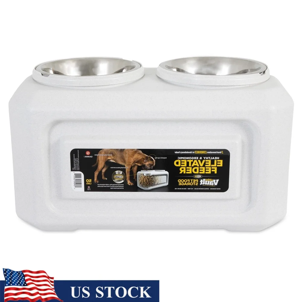Cuencos elevados de acero inoxidable para perros con almacenamiento de alimentos de 50 lb, solución de alimentación conveniente, nutrición para mascotas para perros medianos y grandes