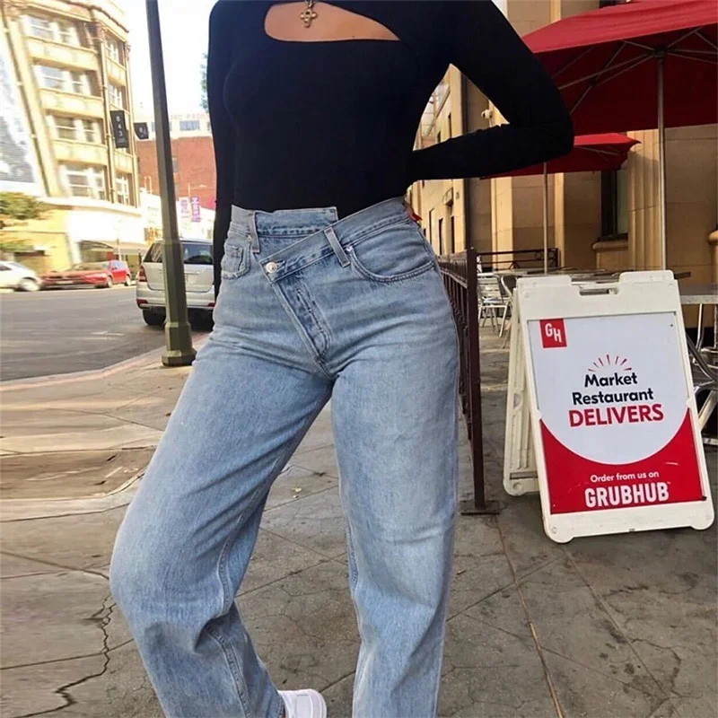 Women Jeans Spring Korean Fashion Loose Light Color Irregular Denim Wide Leg Pants High Wait Harajuku Streetwear Boyfried Style