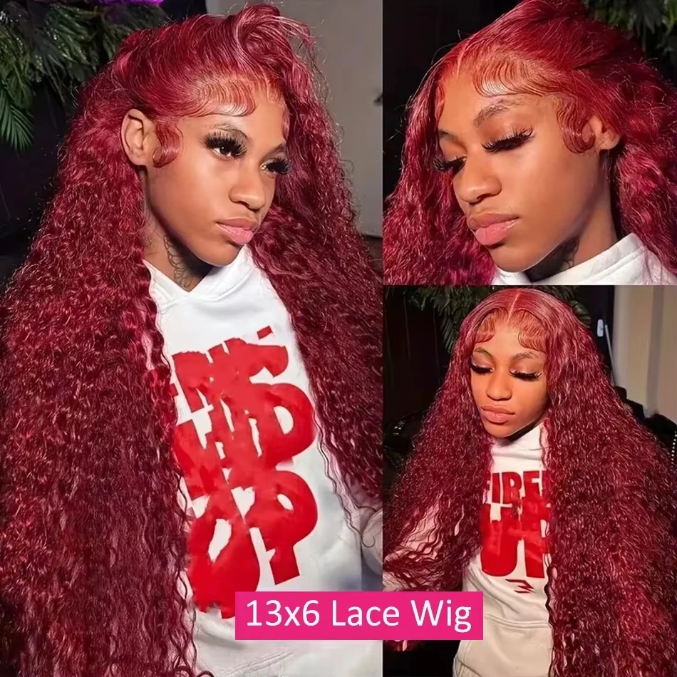 Burgundy 13x6 Hd Lace Frontal Human Hair Wig Deep Wave Curly Wigs For Women Water Wave Colored 99j Red 30 Inch Lace Front Wig image 3
