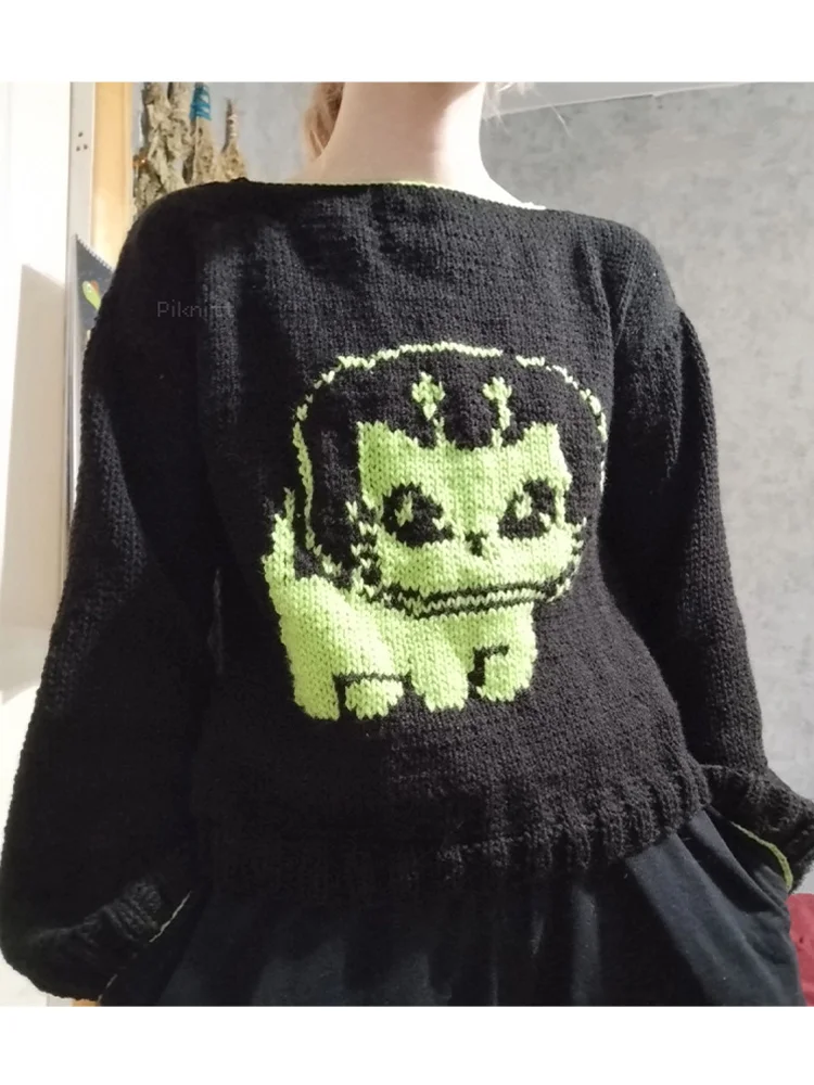Women Black Knitted Sweater Cute Green Cat Contrast Trim Ribbed Oversized Pullover Soft Warm Winter Clothes New Tops