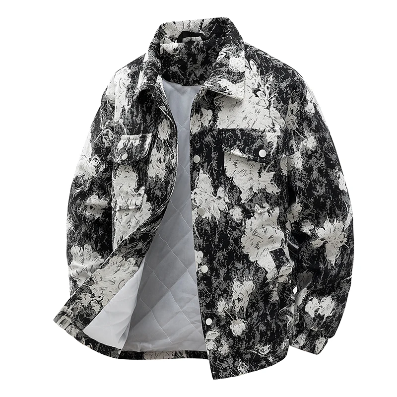 الفنية الأزهار طباعة التلبيب عمال الرجال مبطن سترة فضفاضة المتخصصة تصميم معطف دافئ عمال التلبيب سترة فضفاضة المتخصصة تصميم معطف العصرية الرجال الشتاء الزي الأساسية