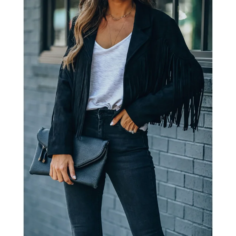 Fashion Winter Jacket Women Y2k Fringed Hem Tassel Cardigan Crop Topsr Jacket Suede Leather Jacket Vintage Streetwear Cool Coat