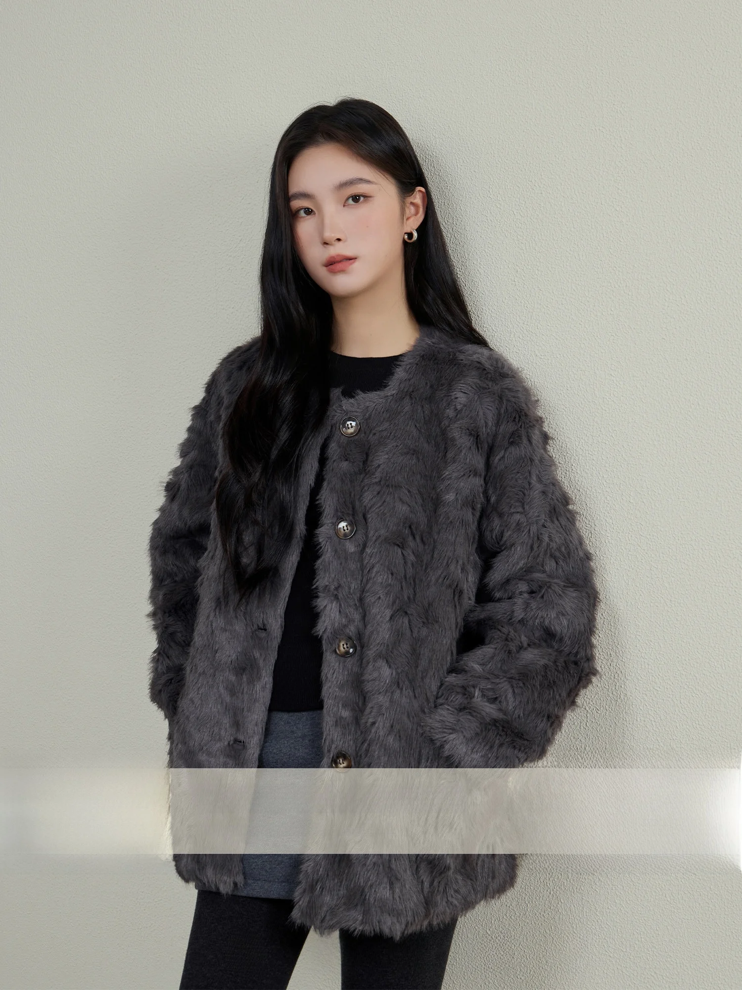 

Экологичная женская шуба из искусственного меха с круглым вырезом, класса люкс, средней длины, осенне-зимняя верхняя одежда, теплая, с утеплением, длинный рукав