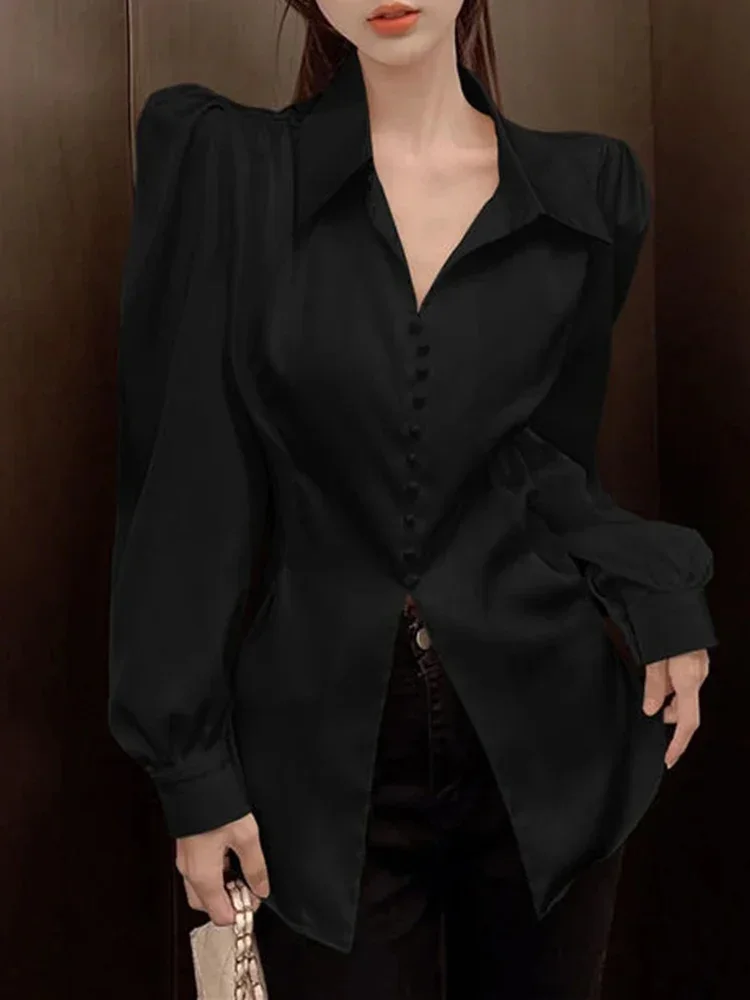 Camicia da donna coreana versatile con risvolto scavato Top elegante camicia casual da ufficio con maniche morbide e fiocco sul retro da donna