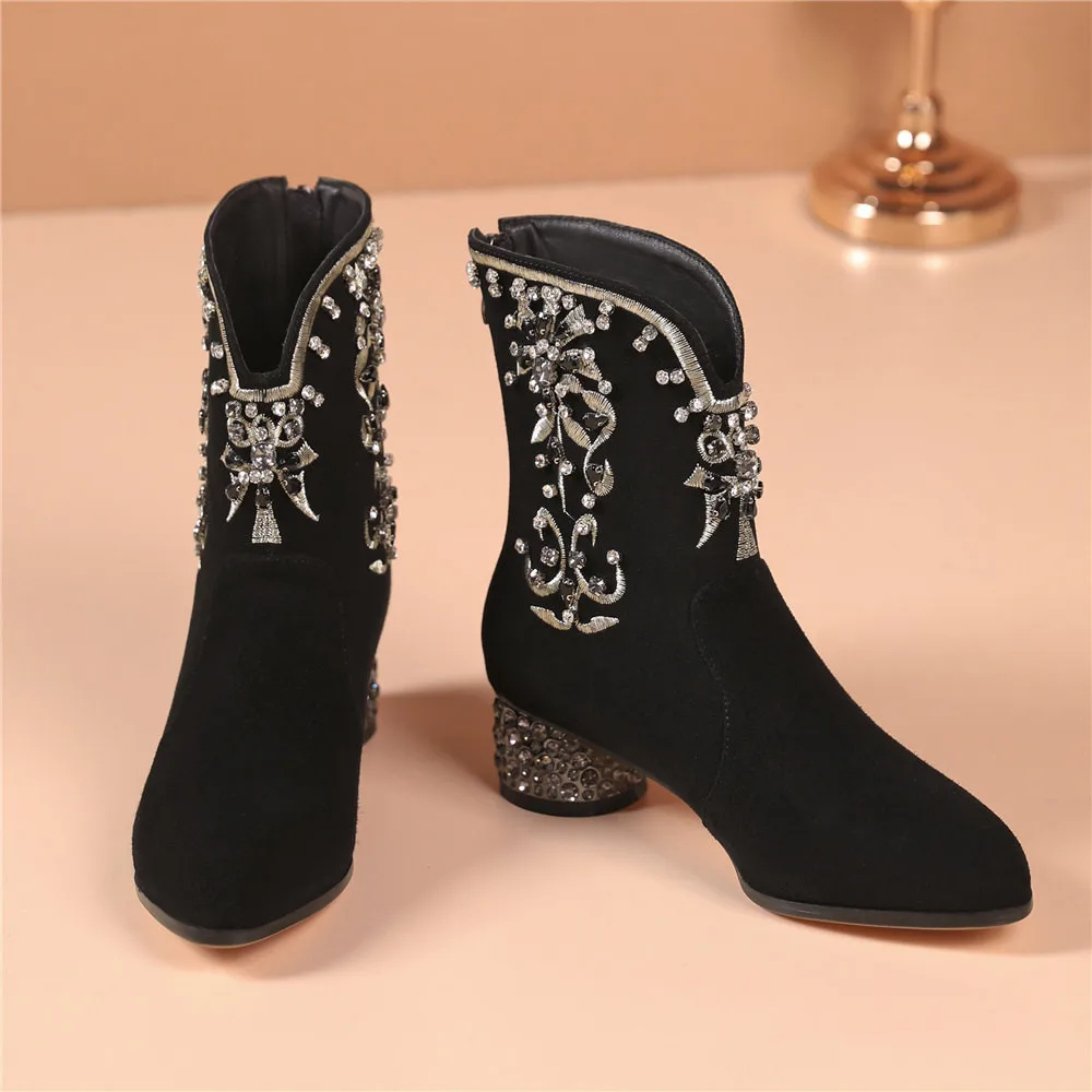 MILI-MIYA Fashion Ethnic Style Women Kid Suede Ankle Boots Crystal Zippers Round Heels Plus Size 34-43 Solid Color Handmade