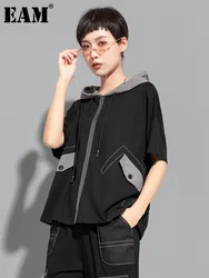 [EAM] Women Black Pockets Drawstring Big Size T-shirt New Loose Fit Hooded Short Sleeve Fashion Tide Spring Summer 2024 1DF4701