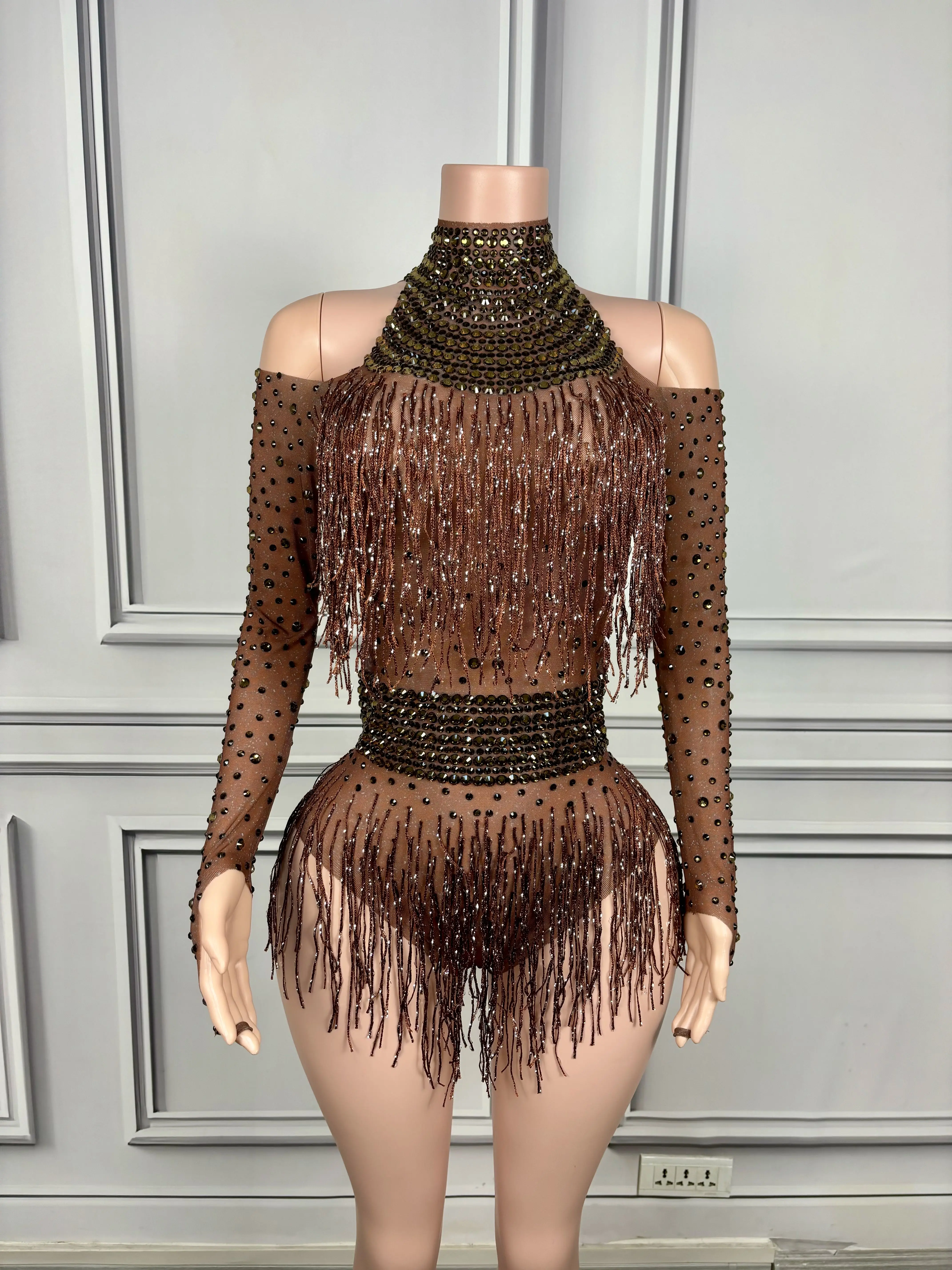 Flashing Brown Rhinestones Fringes Leotard Birthday Celebrate Transparent Sexy Bodysuit Costume Fancy Long Sleeves Outfit nvtuan