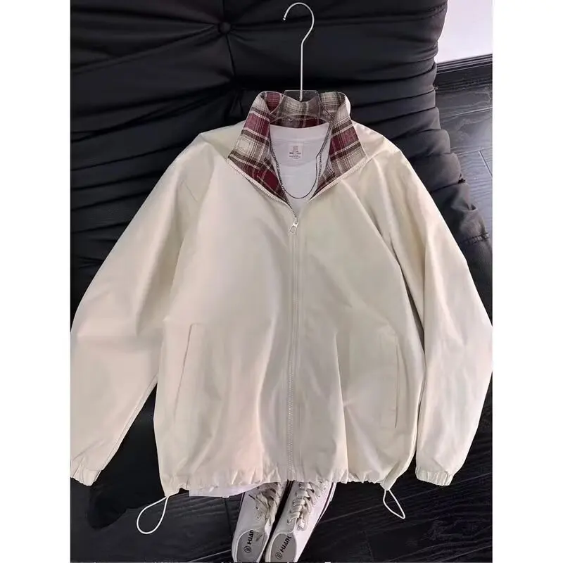 

Cotton plaid patchwork cotton jacket for men and women, autumn and winter stand up collar couple jacket, retro baseball jacket