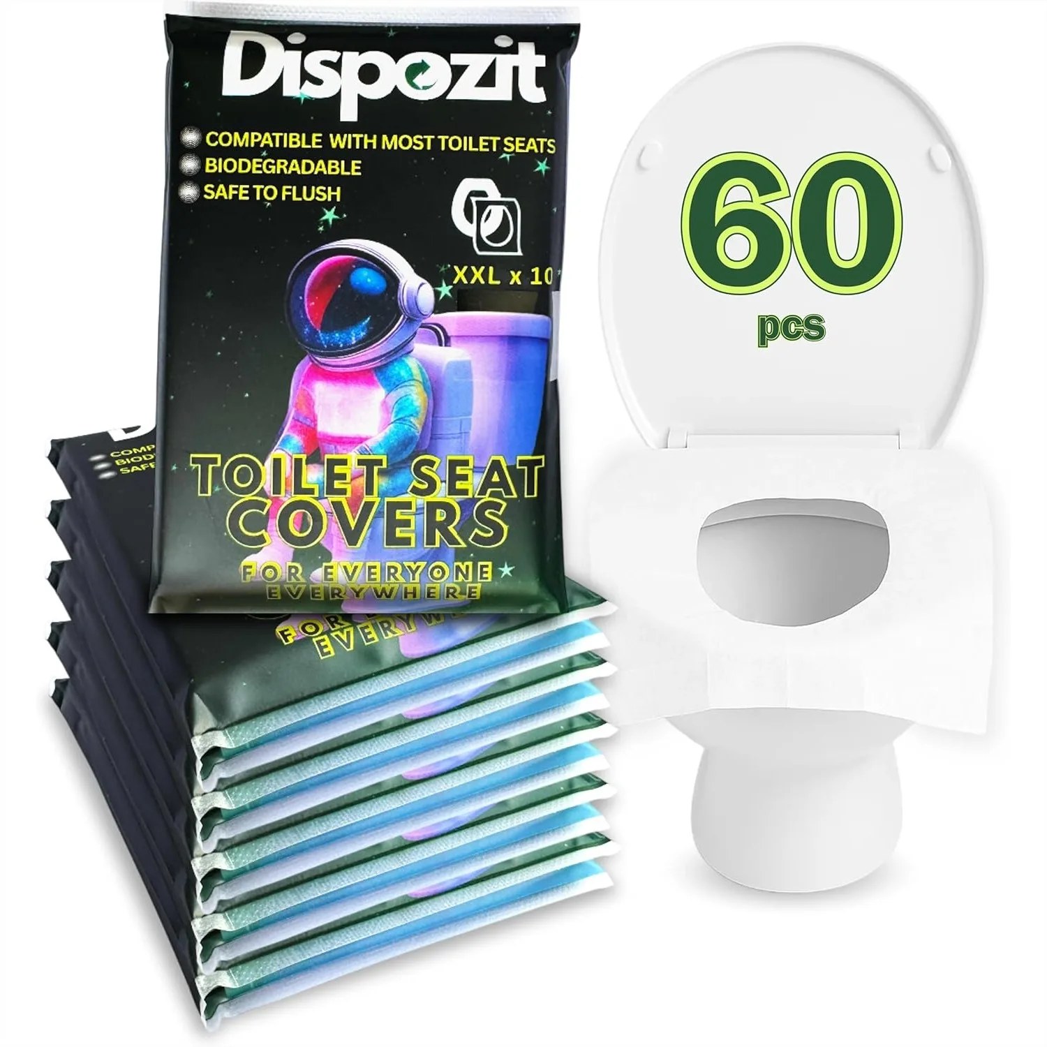 

60 Pcs XL Disposable Flushable Toilet Seat Covers, 100% Biodegradable for Travel & Public Toilets, Adults & Kids