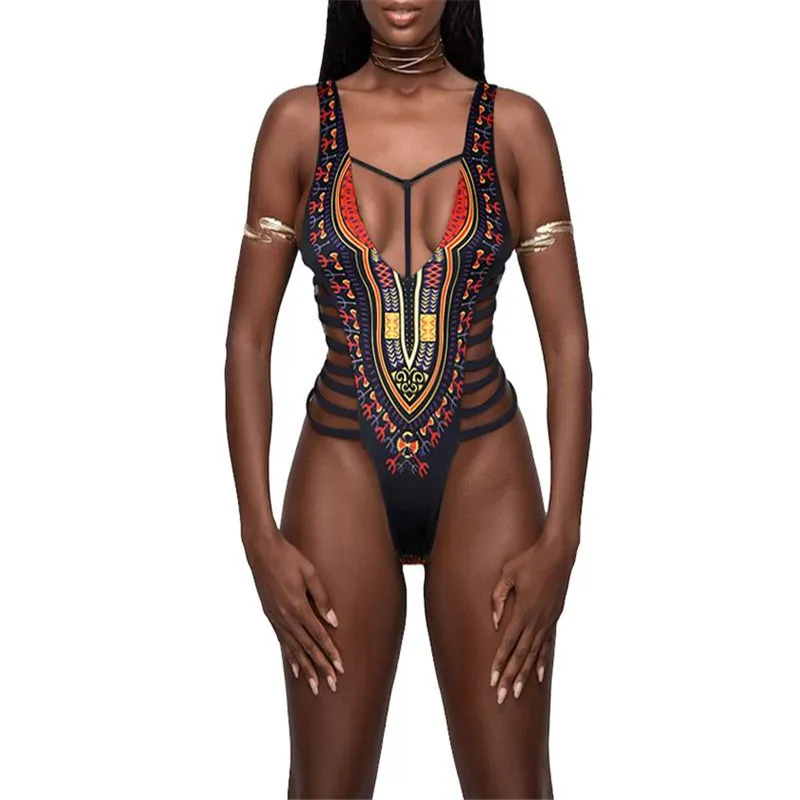 

2025 new European and American ethnic swimsuit multi-band printed bikini women's one-piece swimsuit bikini