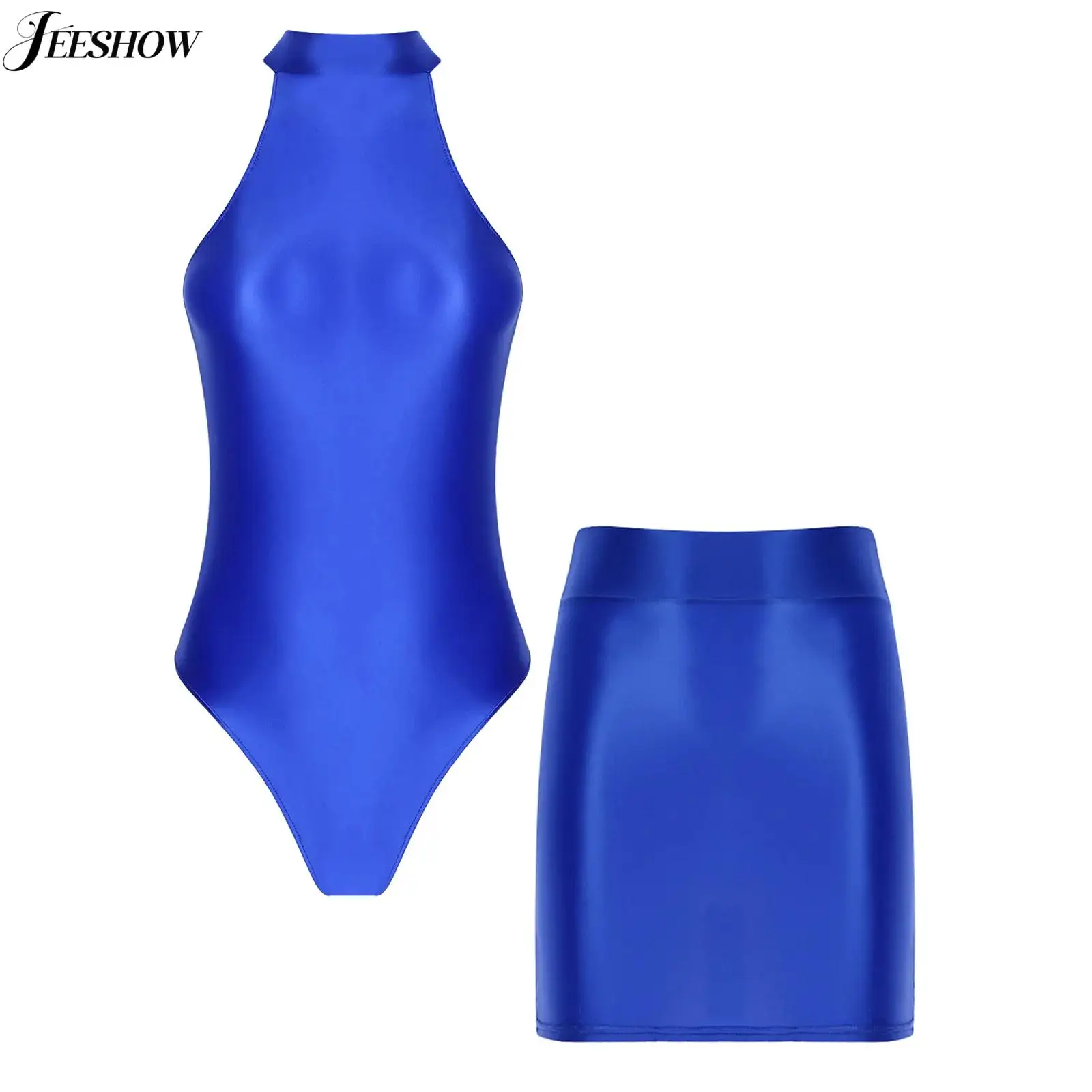 

Womens Glossy 2 Piece Outfit Mock Neck Sleeveless Back Zipper High Cut Leotard with High Waist Bodycon Mini Skirt Party Clubwear