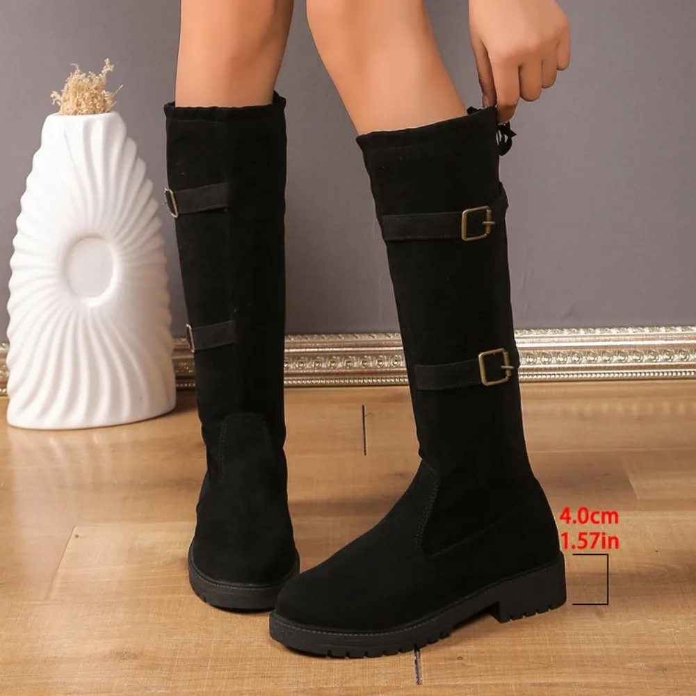 Modische Schnallen-Dekorations-Kniehohe Stiefel für Damen 2025 Herbst Einfarbige Slip-on-Stiefel mit Schleifendesign Modische Stiefel – Detail 3