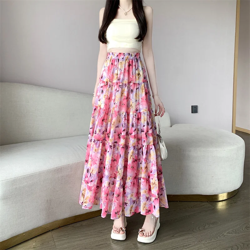 Green Floral Chiffon Half Skirt Elastic Waist Travel Holiday Beach Long Dress Women's High Waist A-Line Skirt Vintage Style