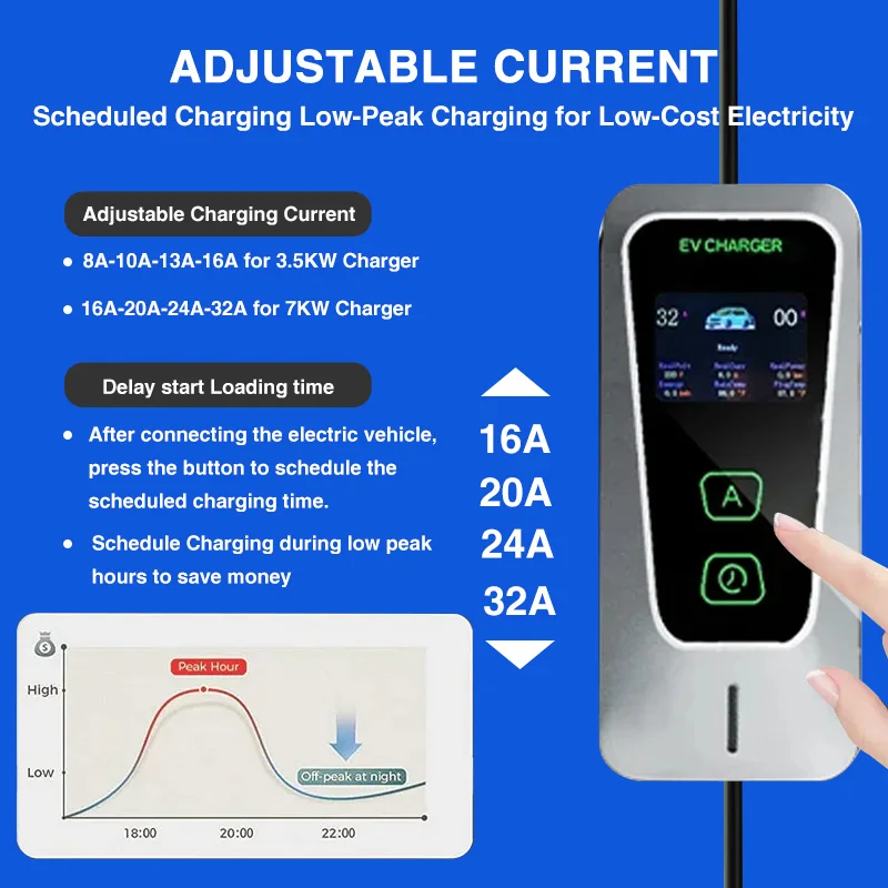 7KW Portable EV Charger 32A Single-Phase GBT Socket With 5m Cable CEE Plug Adjustable Current Electric Vehicle Charging Station