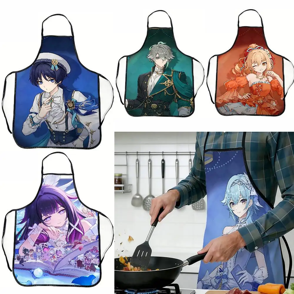 Genshin Impact Game Print Baking Apron For Women Men Washable Non-Woven Kitchen Apron Cafe Dessert Chef For Cooking