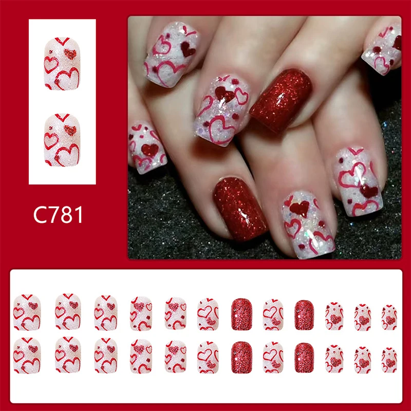 Red Fake Nails, Gnome Snowflake Print Short Square Press On Nails, Glossy Sequins Charm Manicure, For Women Girls