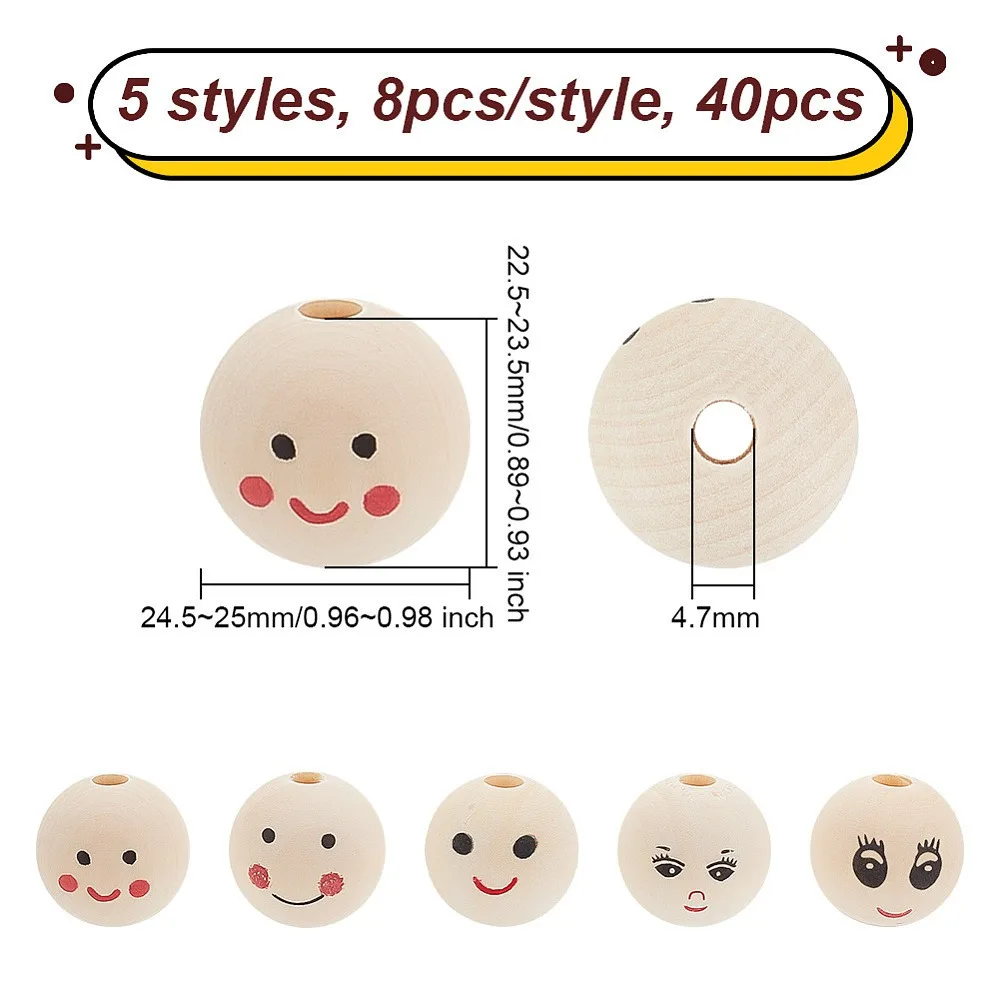 40pcs Printed Wood European Beads Large Hole Round Bead with Face Pattern Undyed Mixed color 23~25x22.5~23.5mm Hole: 4.9~5.5mm