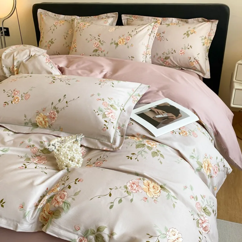 High End 100% Cotton Flower Bedding Sets High Quality Pure Cotton Skin Friendly Flat Sheet Set Cozy Queen Double Bedclothes