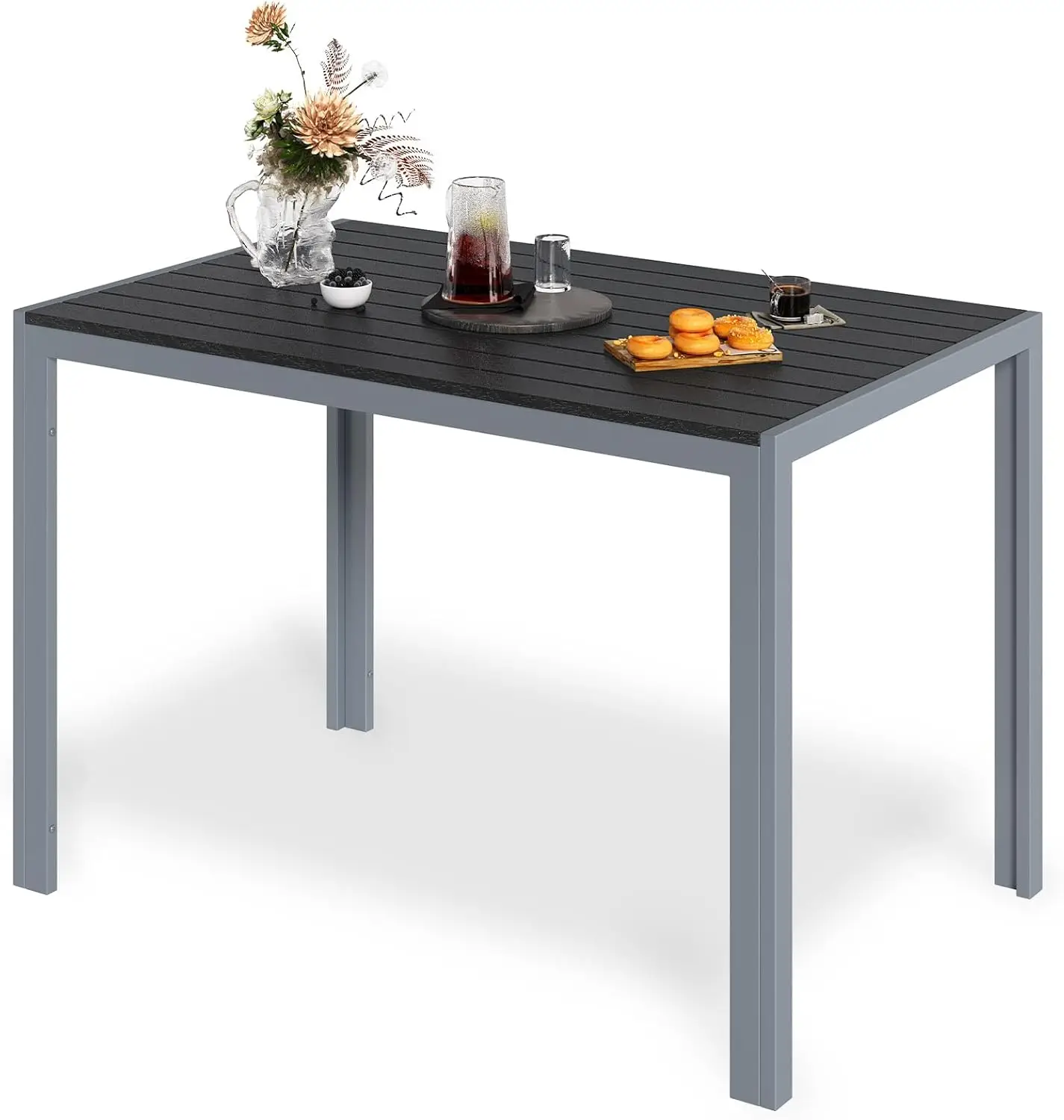 Outdoor eettafel 110x70x73cm terras aluminium metalen lattenbodem, grote rechthoekige zwarte tafel voor terras, achtertuin, gazon, tuin