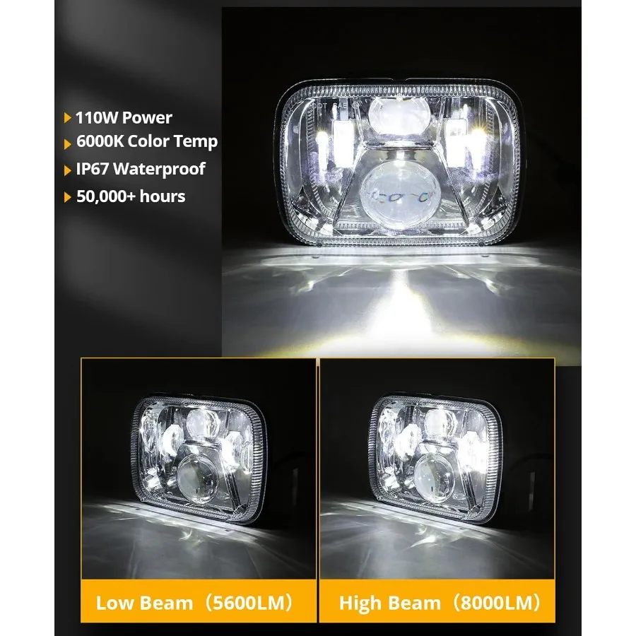 Reflektory 8000LM 300% Jasniejsze, Reflektory LED 5x7, Reflektory LED 7x6 z światłami drogowymi i mijania, Kompatybilne z Jeep Cherokee XJ Wrangler YJ Ford Chev